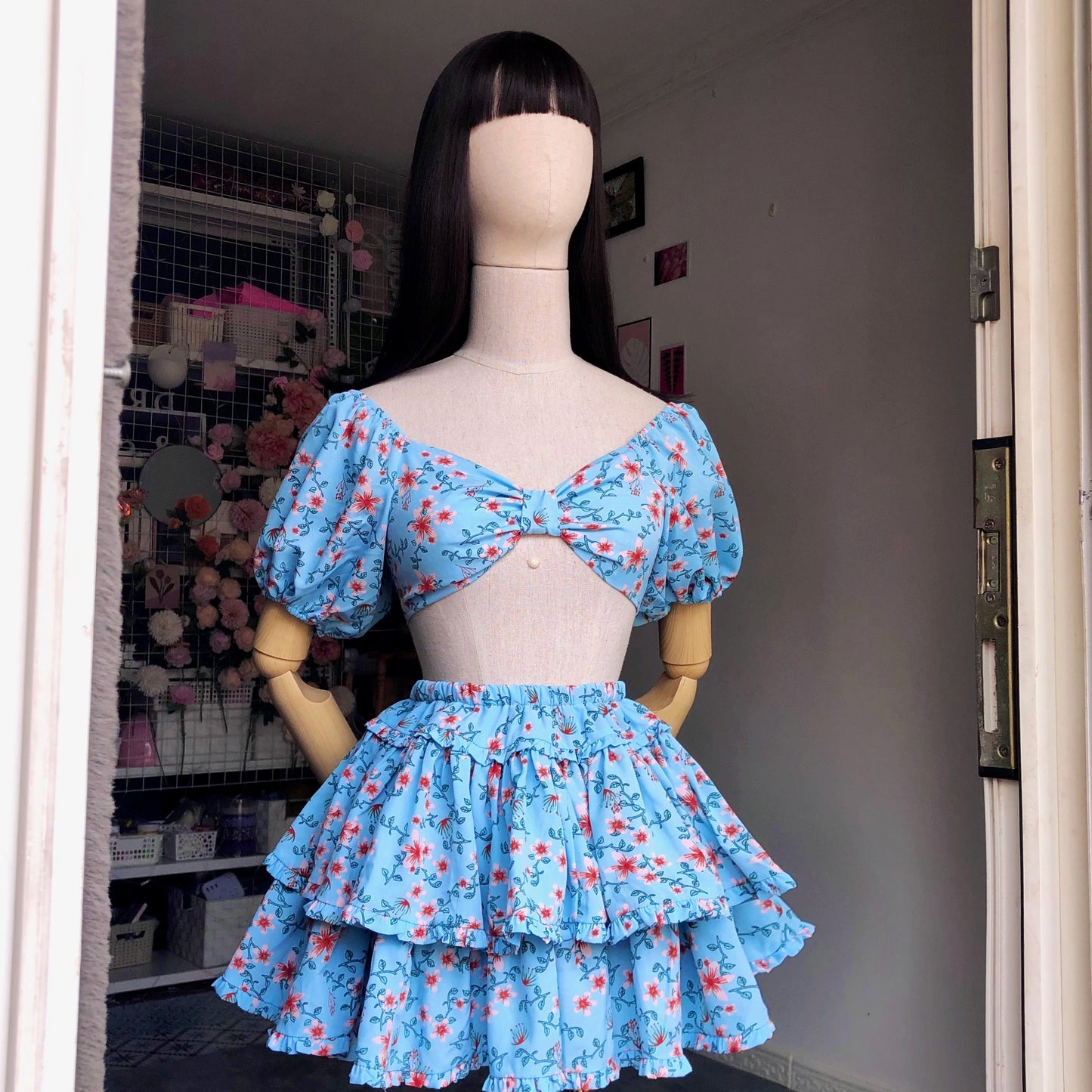 Floral Girl Pastel Blue Puffy Sleeves Two Piece Set
