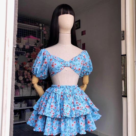 Floral Girl Pastel Blue Puffy Sleeves Two Piece Set