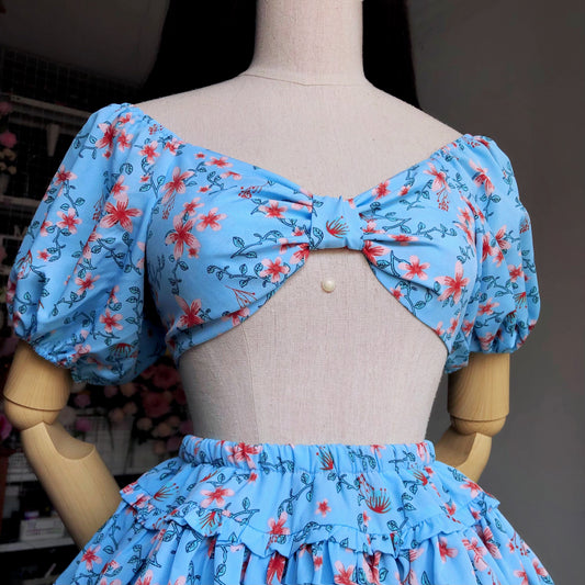 Floral Girl Pastel Blue Puffy Sleeves Two Piece Set
