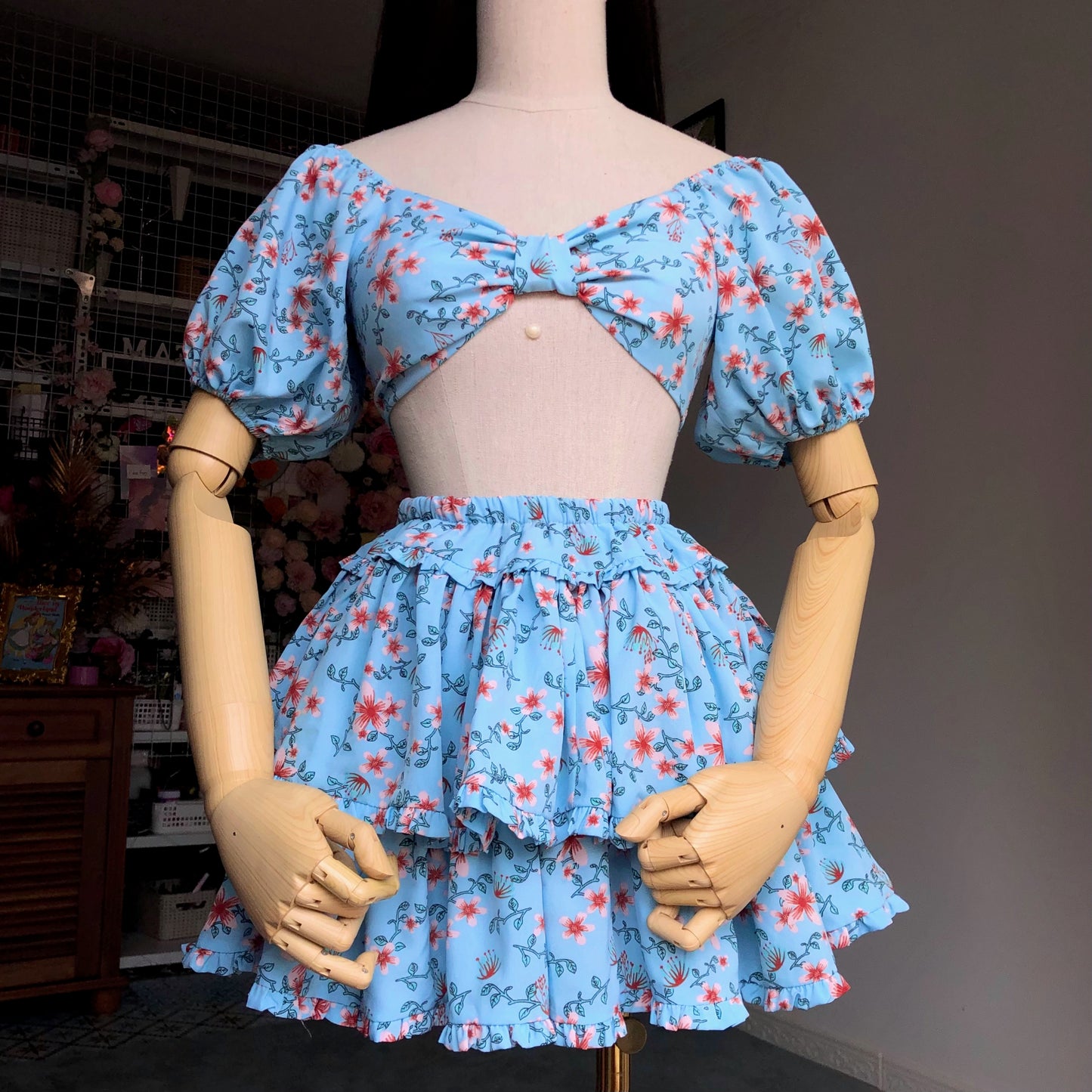 Floral Girl Pastel Blue Puffy Sleeves Two Piece Set
