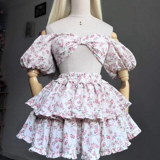 Floral Girl White Puffy Sleeves Two Piece Set