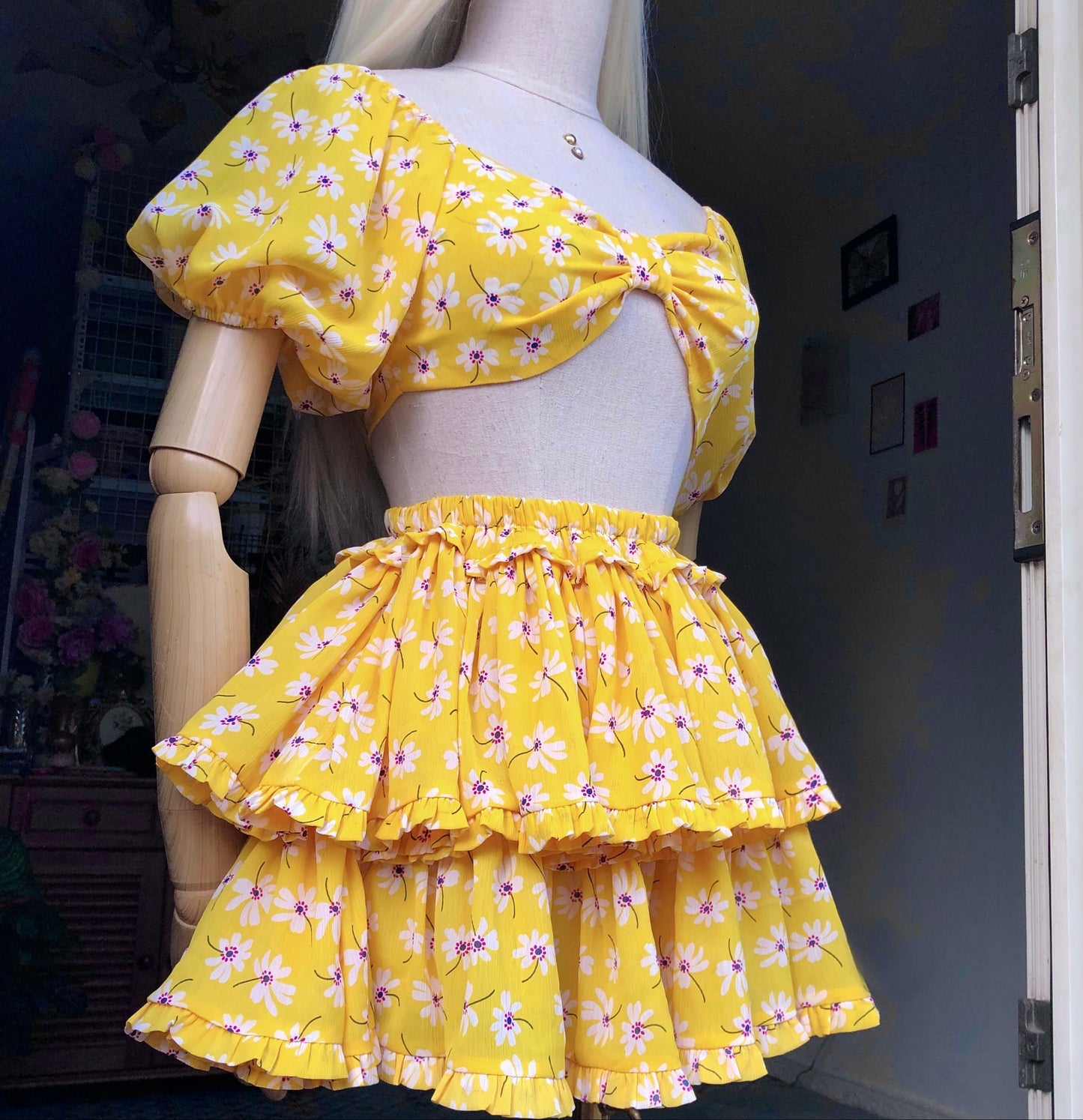 Floral Girl Yellow Puffy Sleeves Two Piece Set