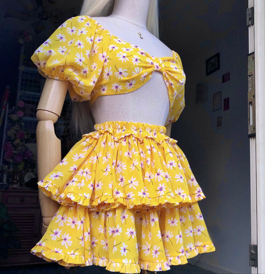 Floral Girl Yellow Puffy Sleeves Two Piece Set