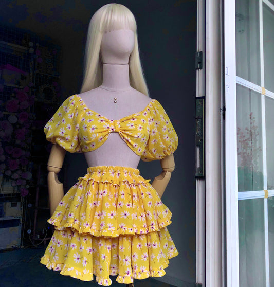 Floral Girl Yellow Puffy Sleeves Two Piece Set