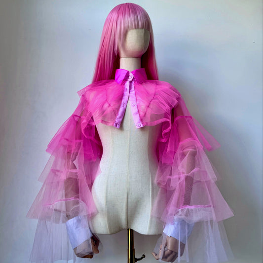 Fuchsia And Pastel Pink Ombre Origami Ruffled Shirt Blouse