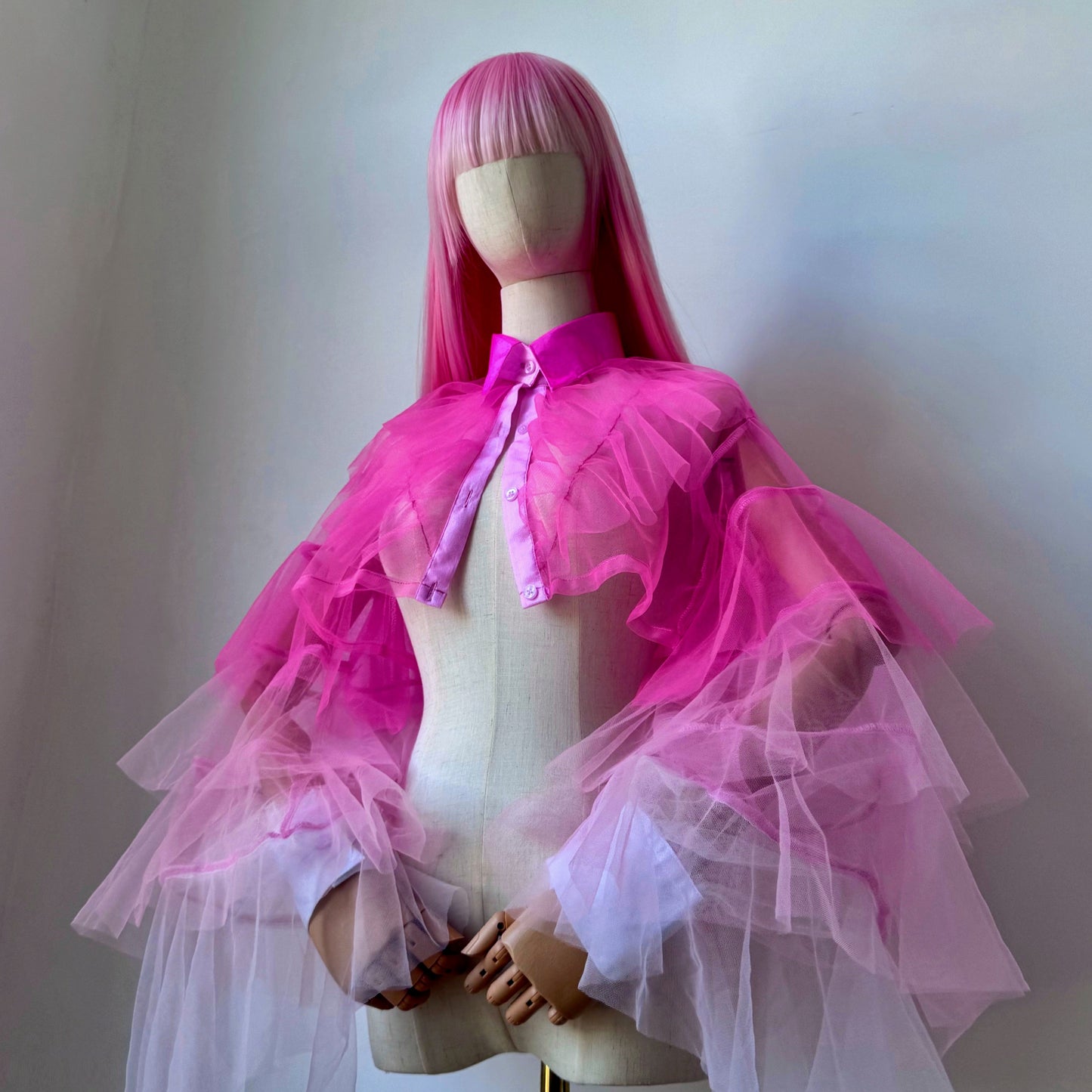 Fuchsia And Pastel Pink Ombre Origami Ruffled Shirt Blouse