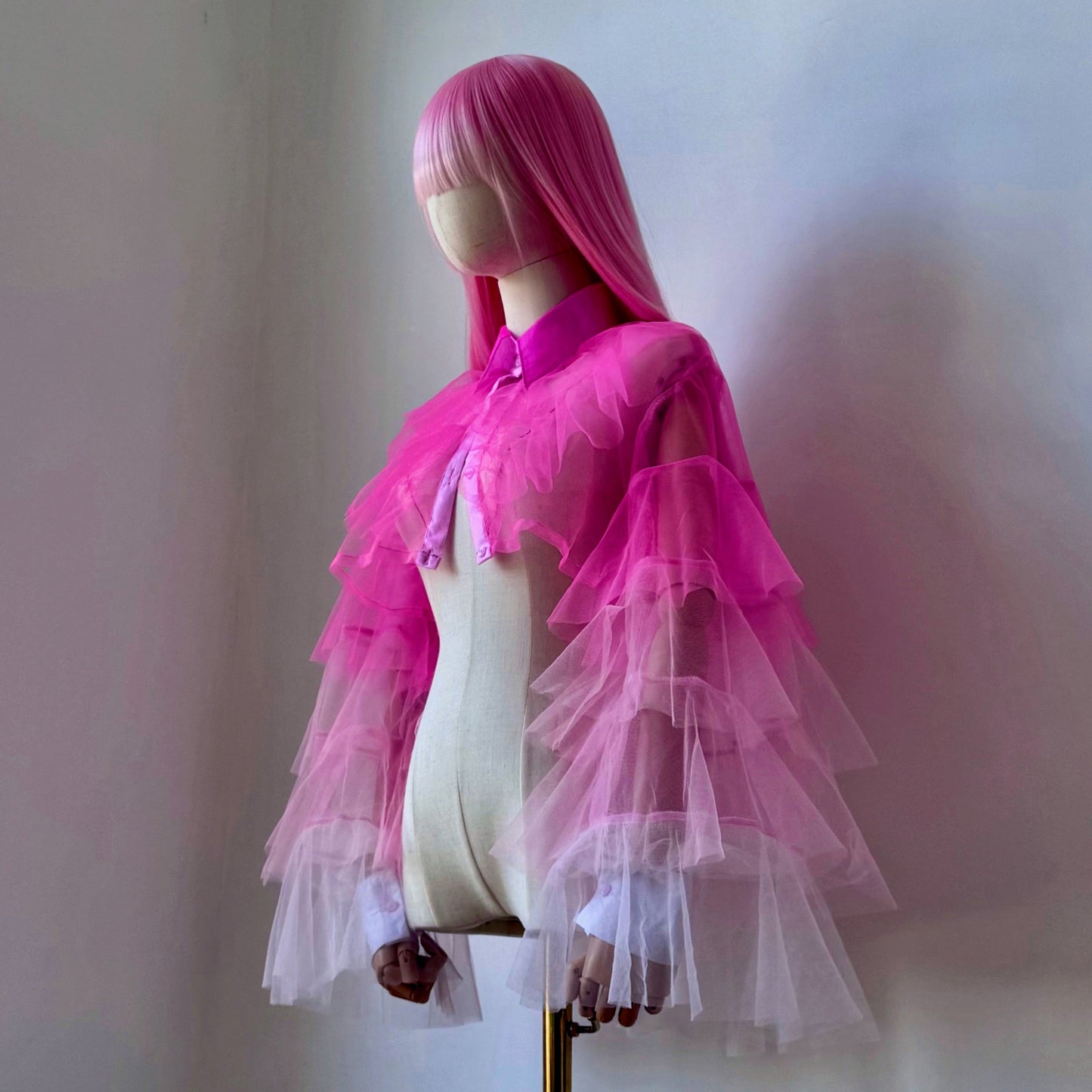 Fuchsia And Pastel Pink Ombre Origami Ruffled Shirt Blouse