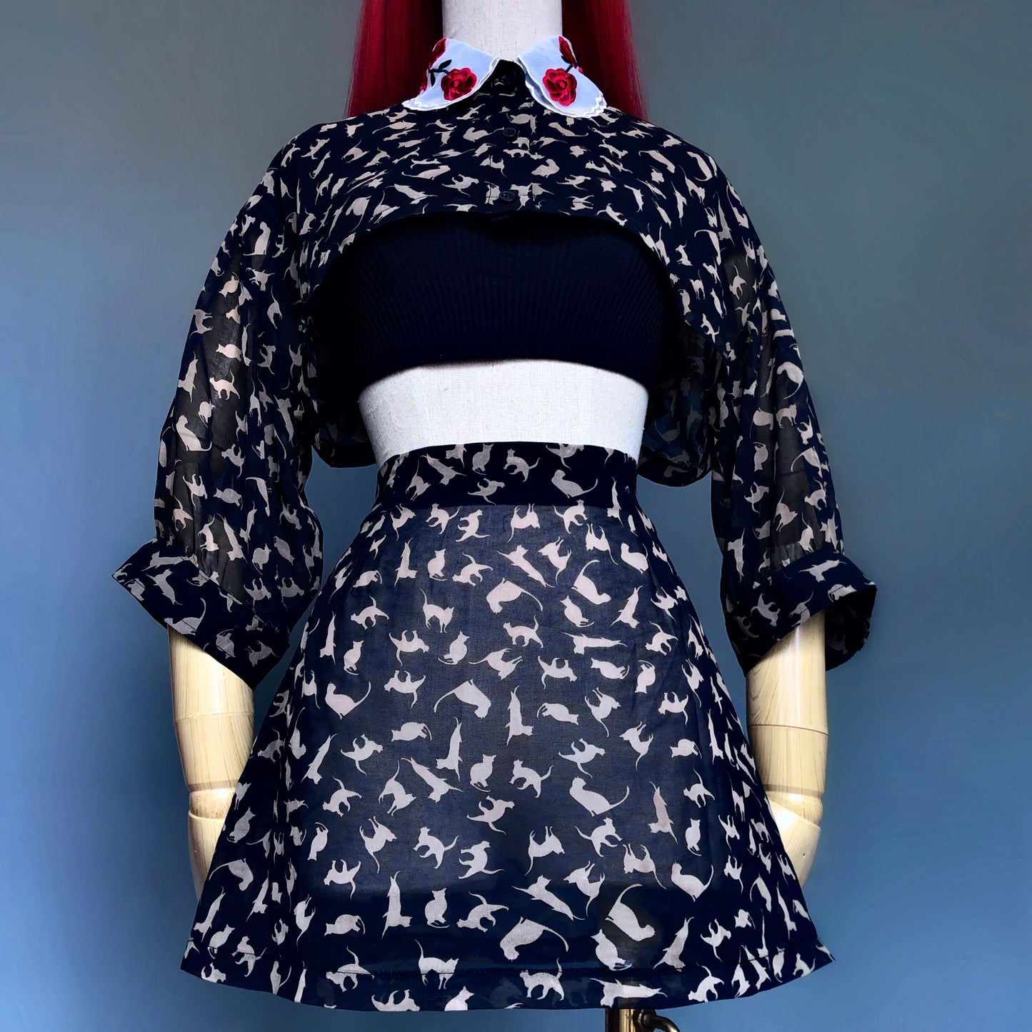 Goth Bae Black Mesh Cats Print Skirt Cropped Blouse Set