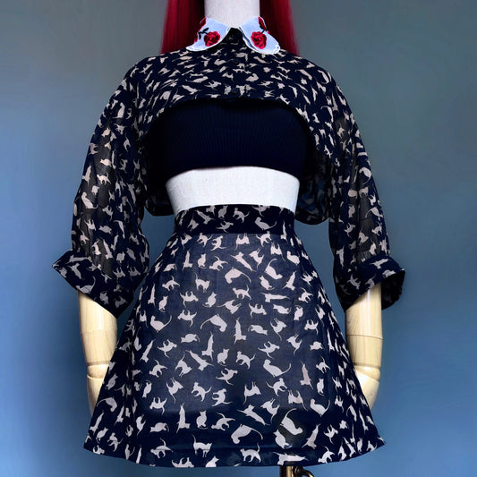 Goth Bae Black Mesh Cats Print Skirt Cropped Blouse Set