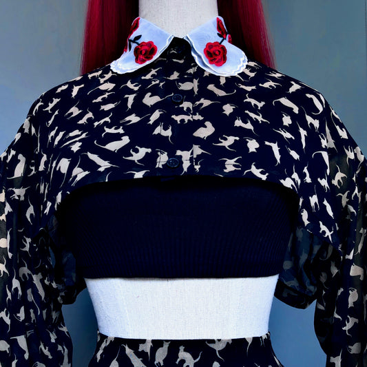 Goth Bae Black Mesh Cats Print Skirt Cropped Blouse Set