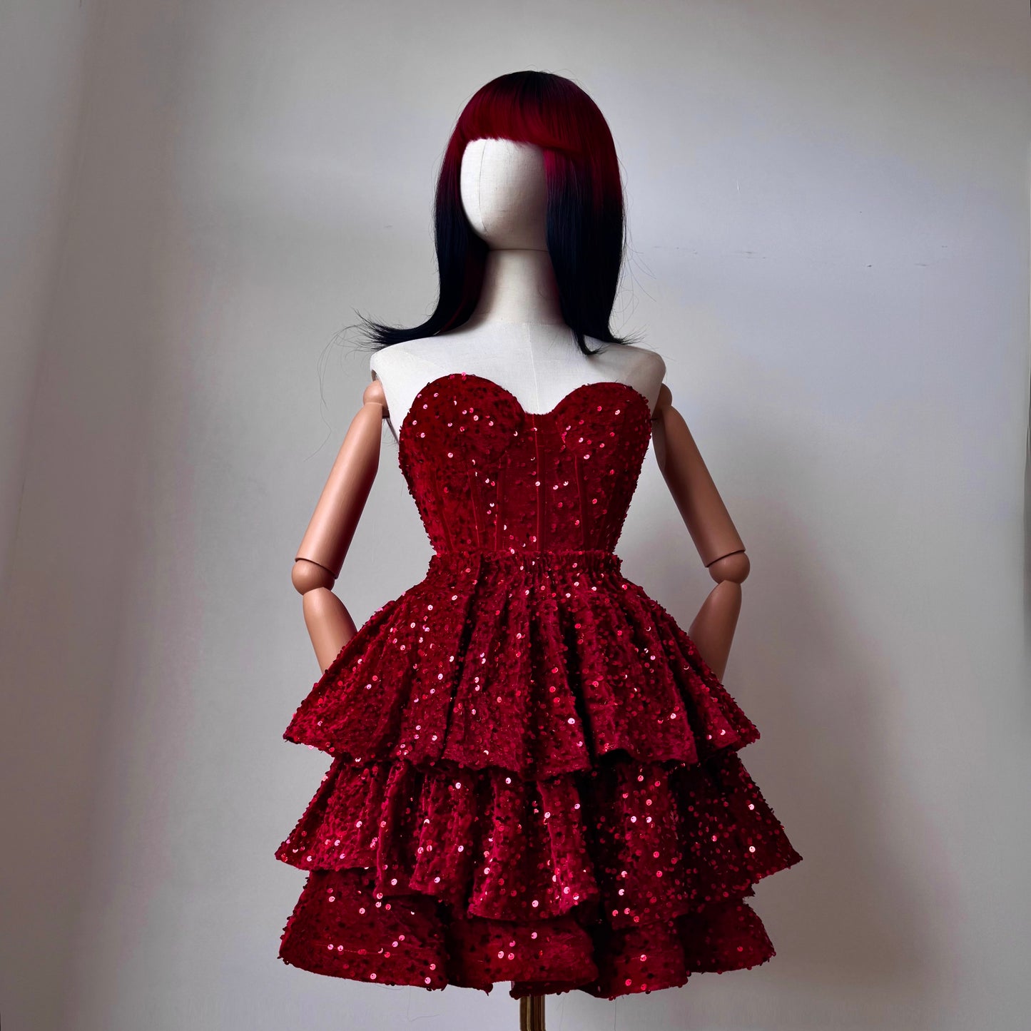 Madame Rouge Red Sequined Ruffled Skirt Corset Set