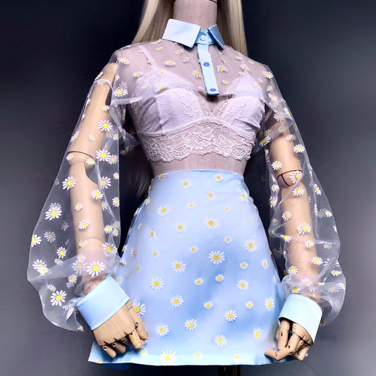 Holy Daisies Pastel Blue Skirt Crop Shirt Set