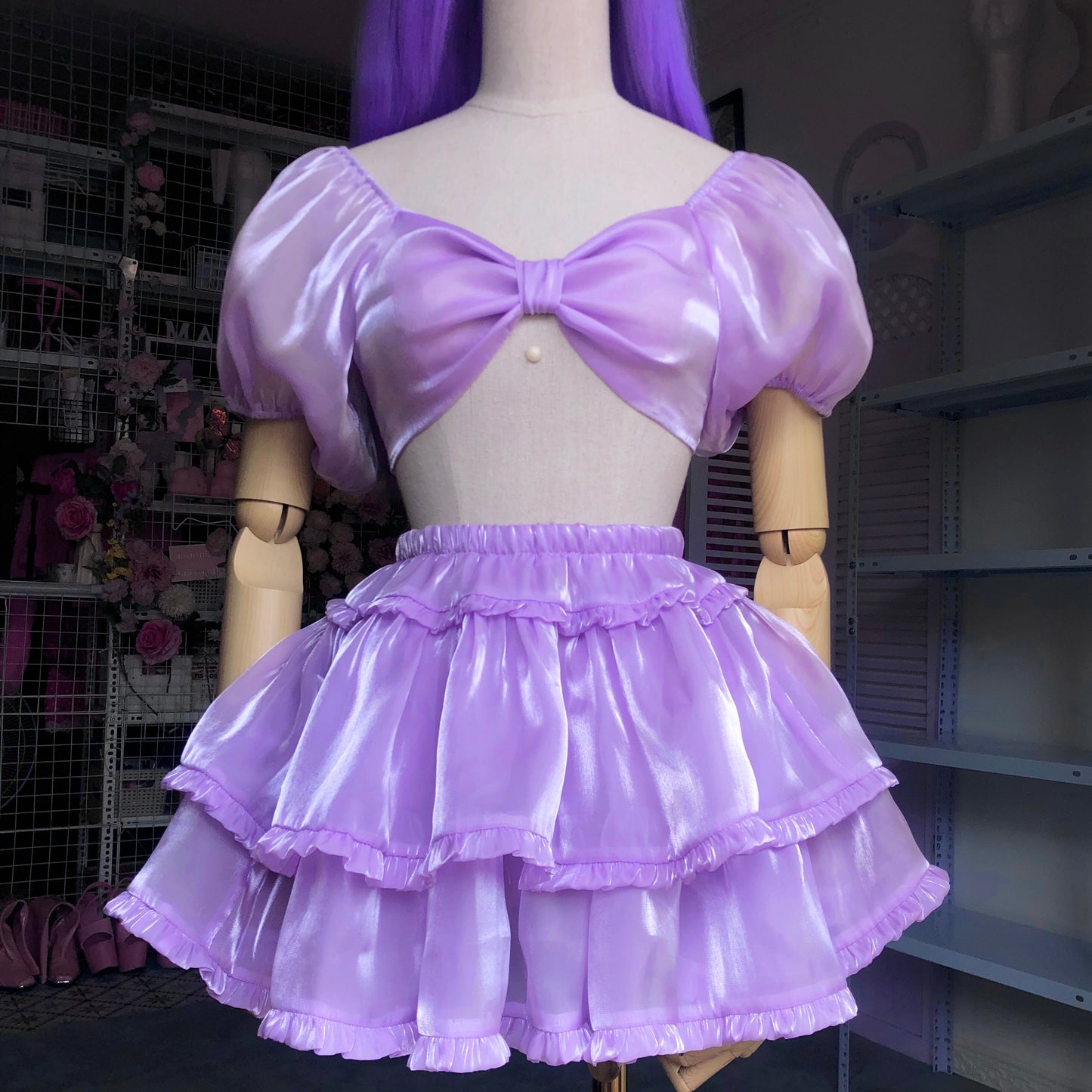Lavender Iridescent Puffy Sleeves Two Piece Set