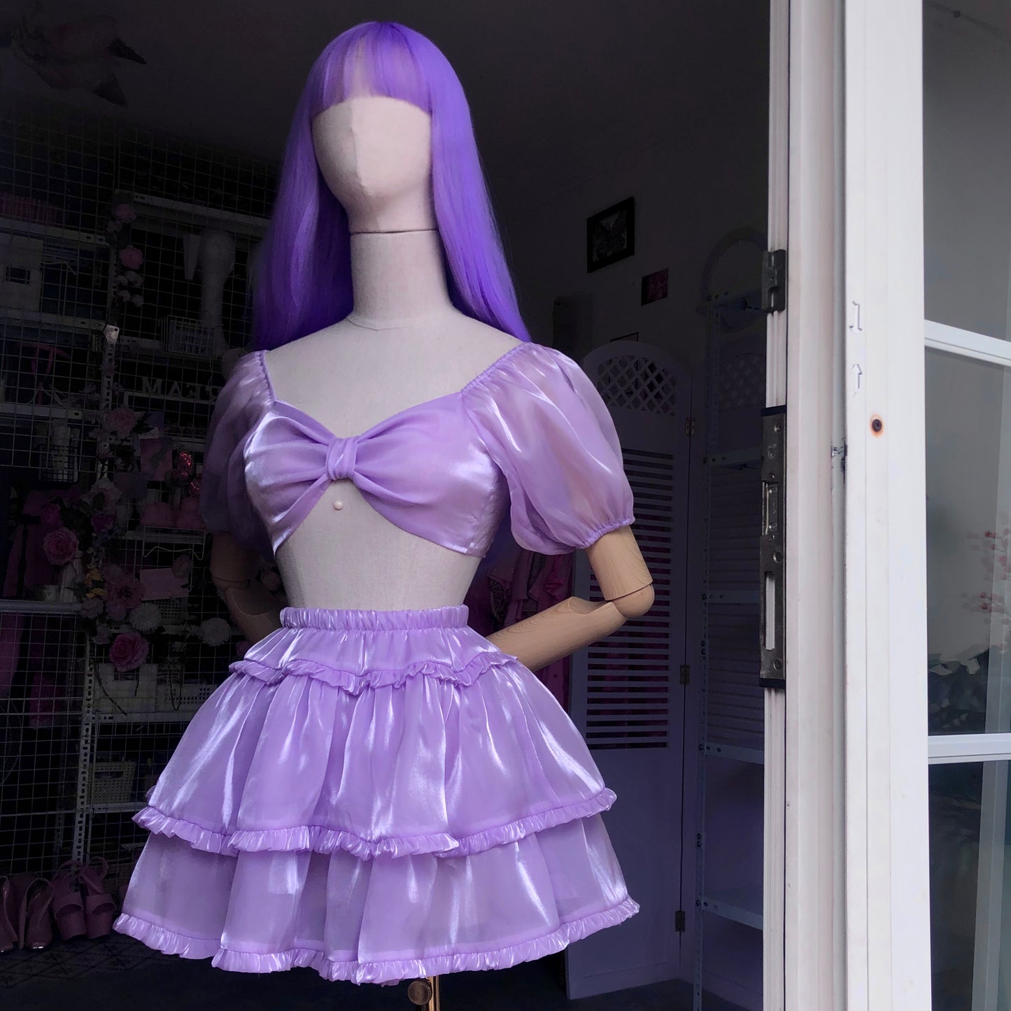 Lavender Iridescent Puffy Sleeves Two Piece Set