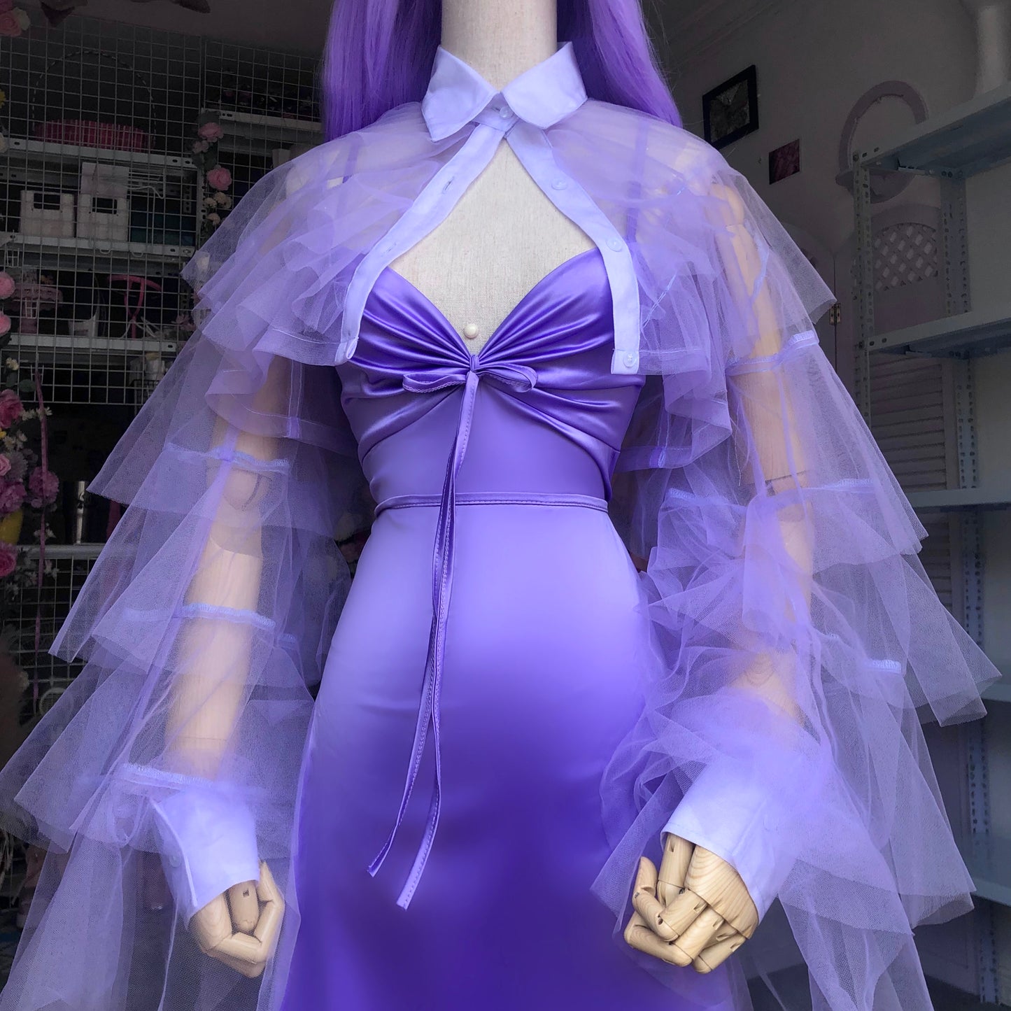 Lavender Origami Princess Ruffled Crop Shirt Blouse