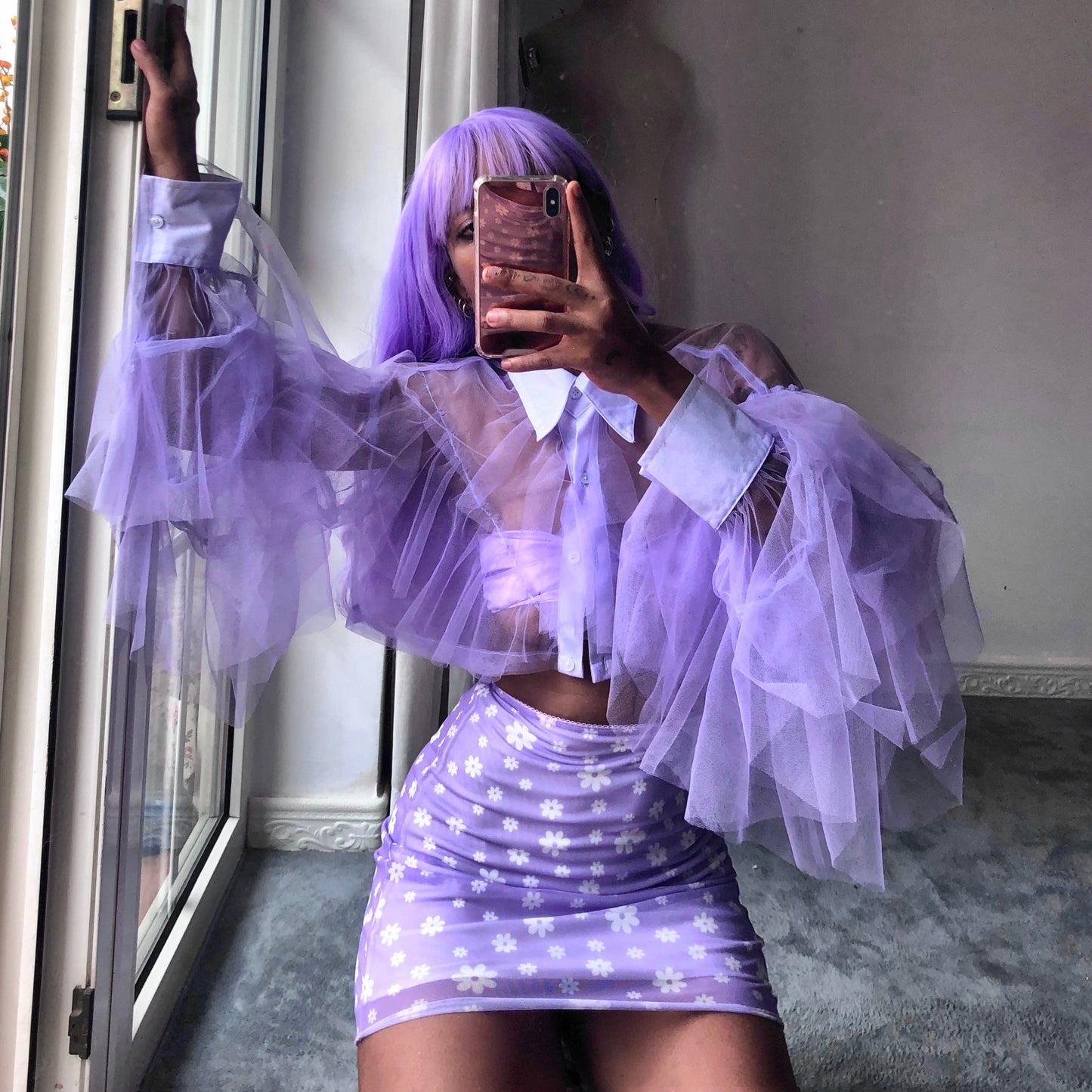 Lavender Origami Princess Ruffled Crop Shirt Blouse