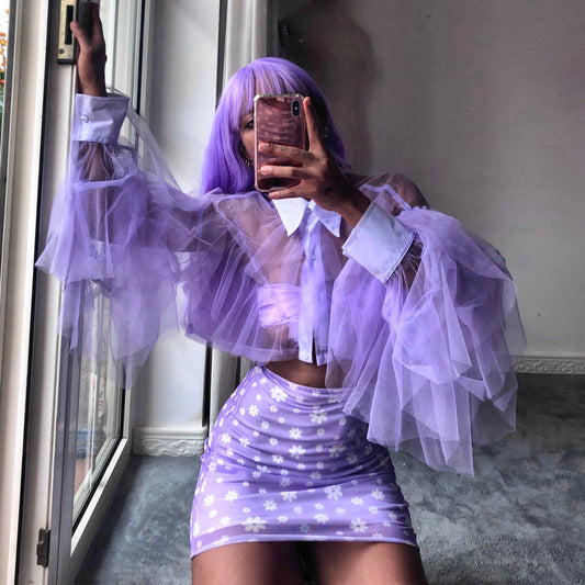 Lavender Origami Princess Ruffled Crop Shirt Blouse