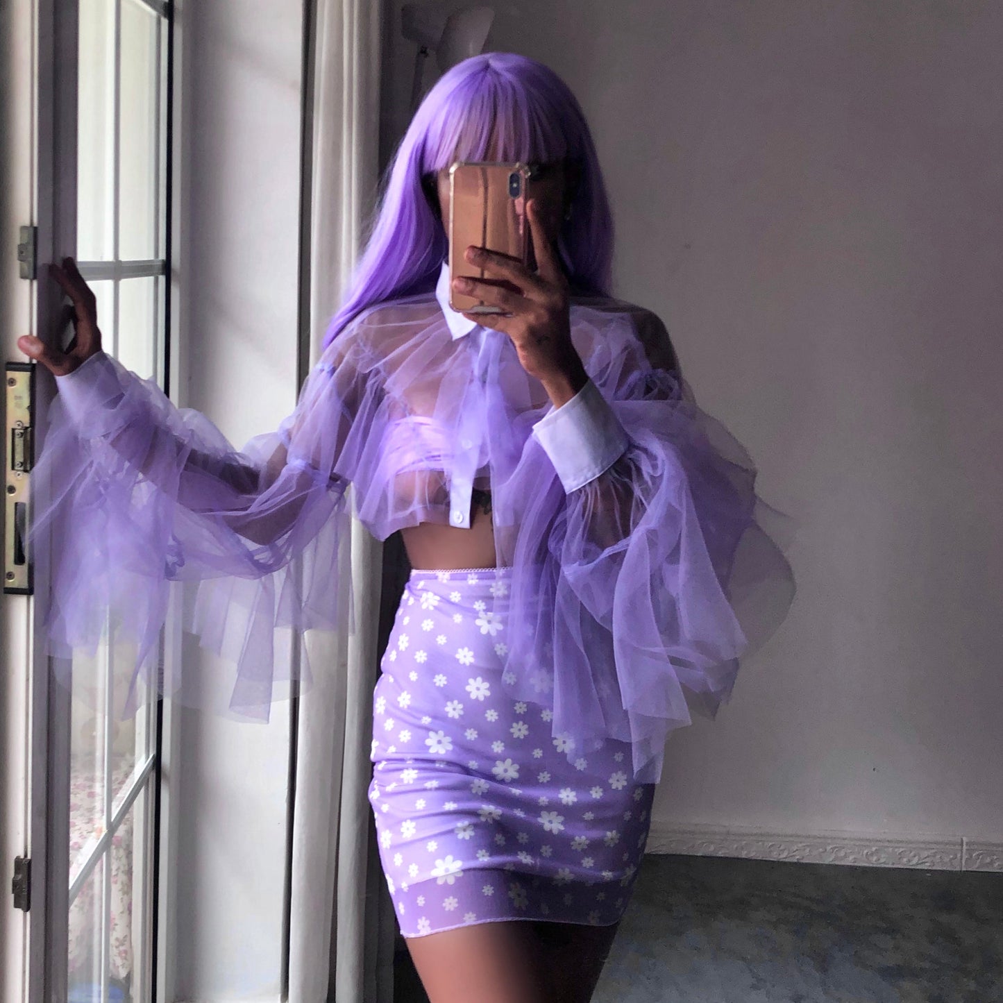 Lavender Origami Princess Ruffled Crop Shirt Blouse