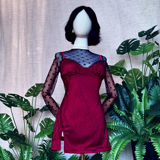 Madame Rouge Black Dots Satin Mesh Mini Red Dress