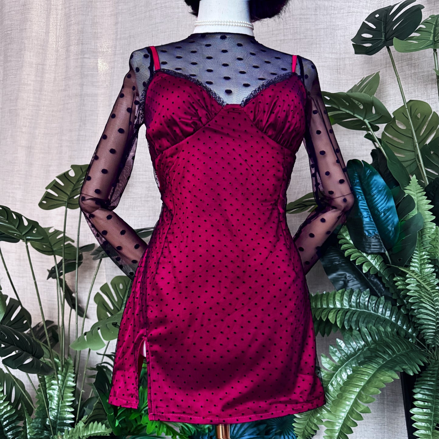 Madame Rouge Black Dots Satin Mesh Mini Red Dress