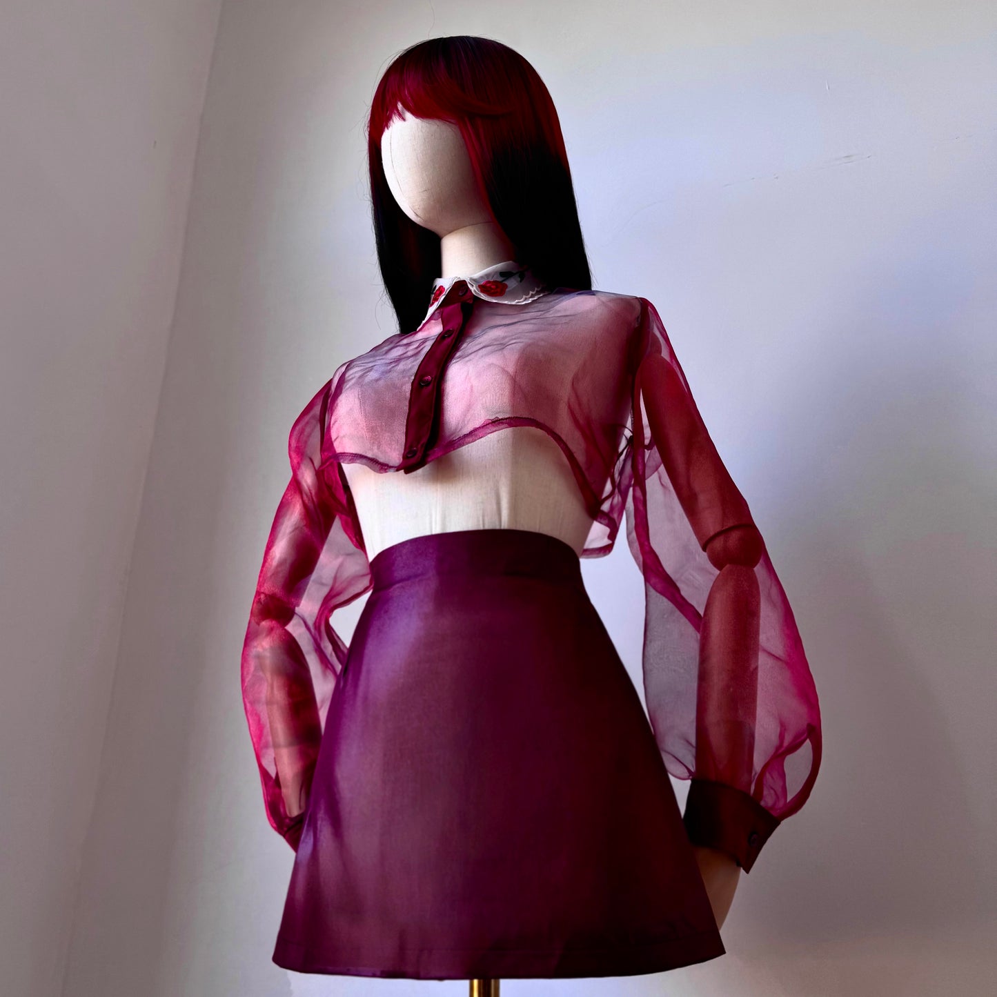 Madame Rouge Bordeaux Leather Skirt Mesh Shirt Set