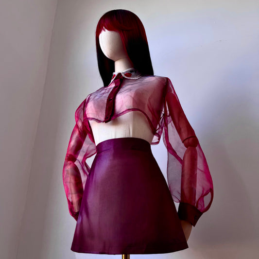 Madame Rouge Bordeaux Leather Skirt Mesh Shirt Set