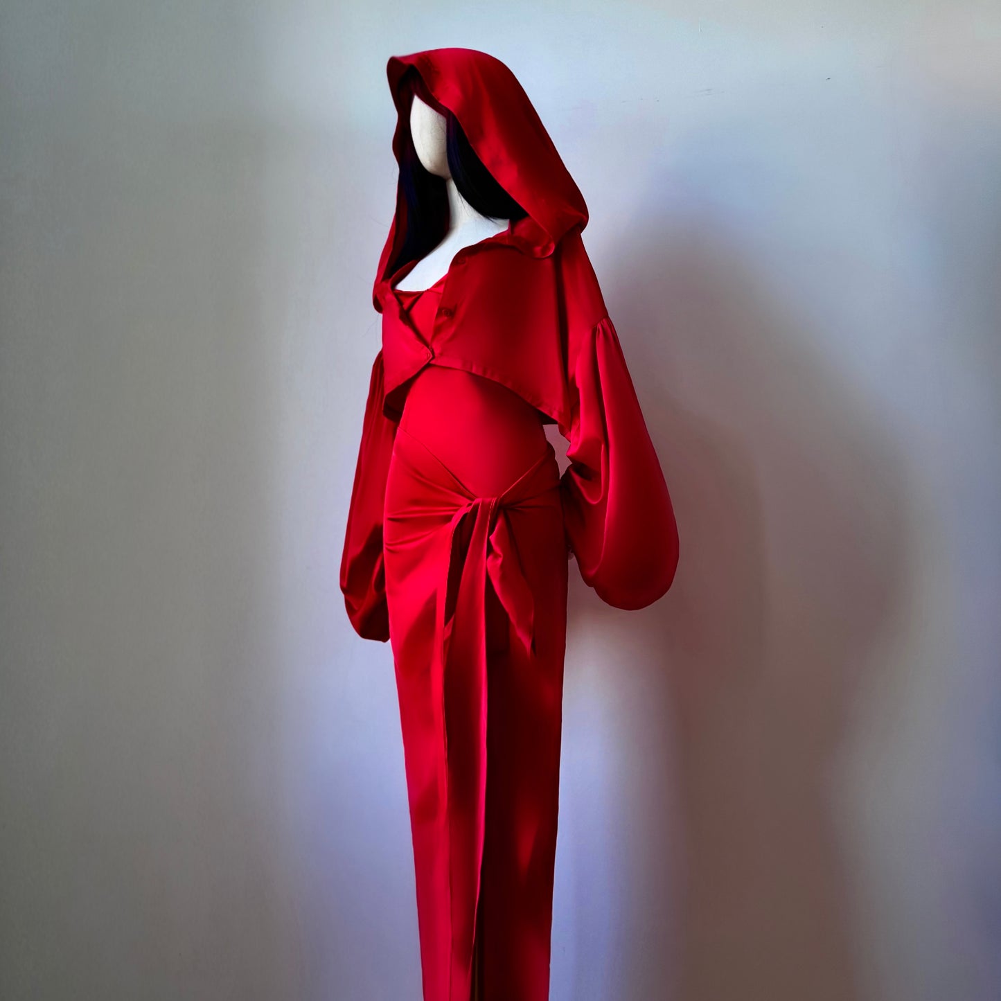 Madame Rouge Layered Red Satin Wrap Dress Goblin Hoodie Set
