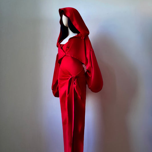 Madame Rouge Layered Red Satin Wrap Dress Goblin Hoodie Set