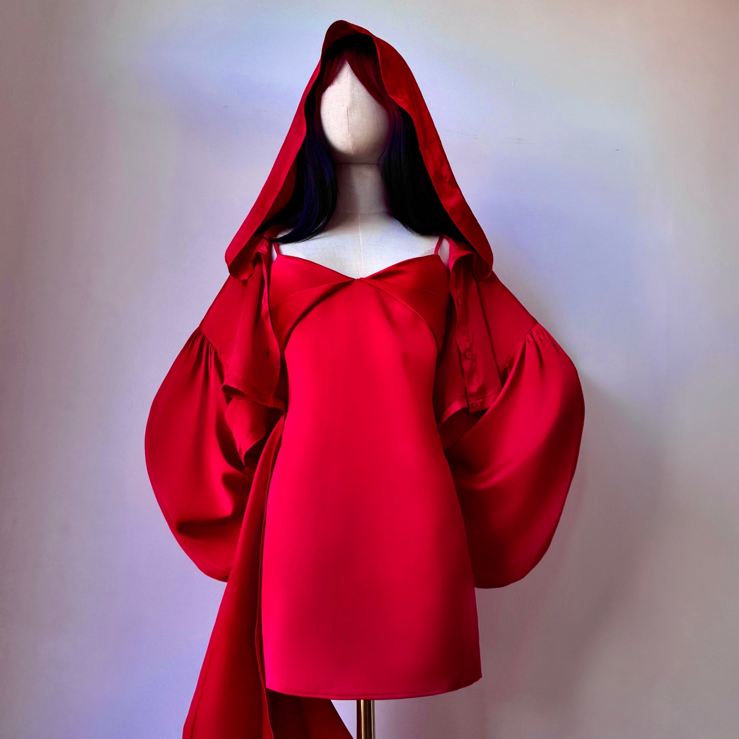 Madame Rouge Layered Red Satin Wrap Dress Goblin Hoodie Set