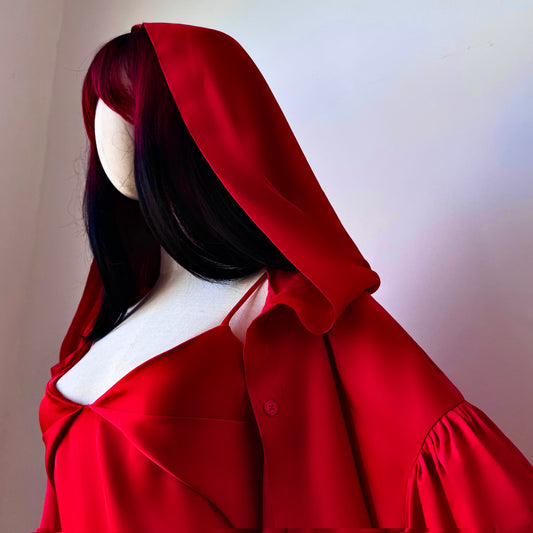 Madame Rouge Layered Red Satin Wrap Dress Goblin Hoodie Set