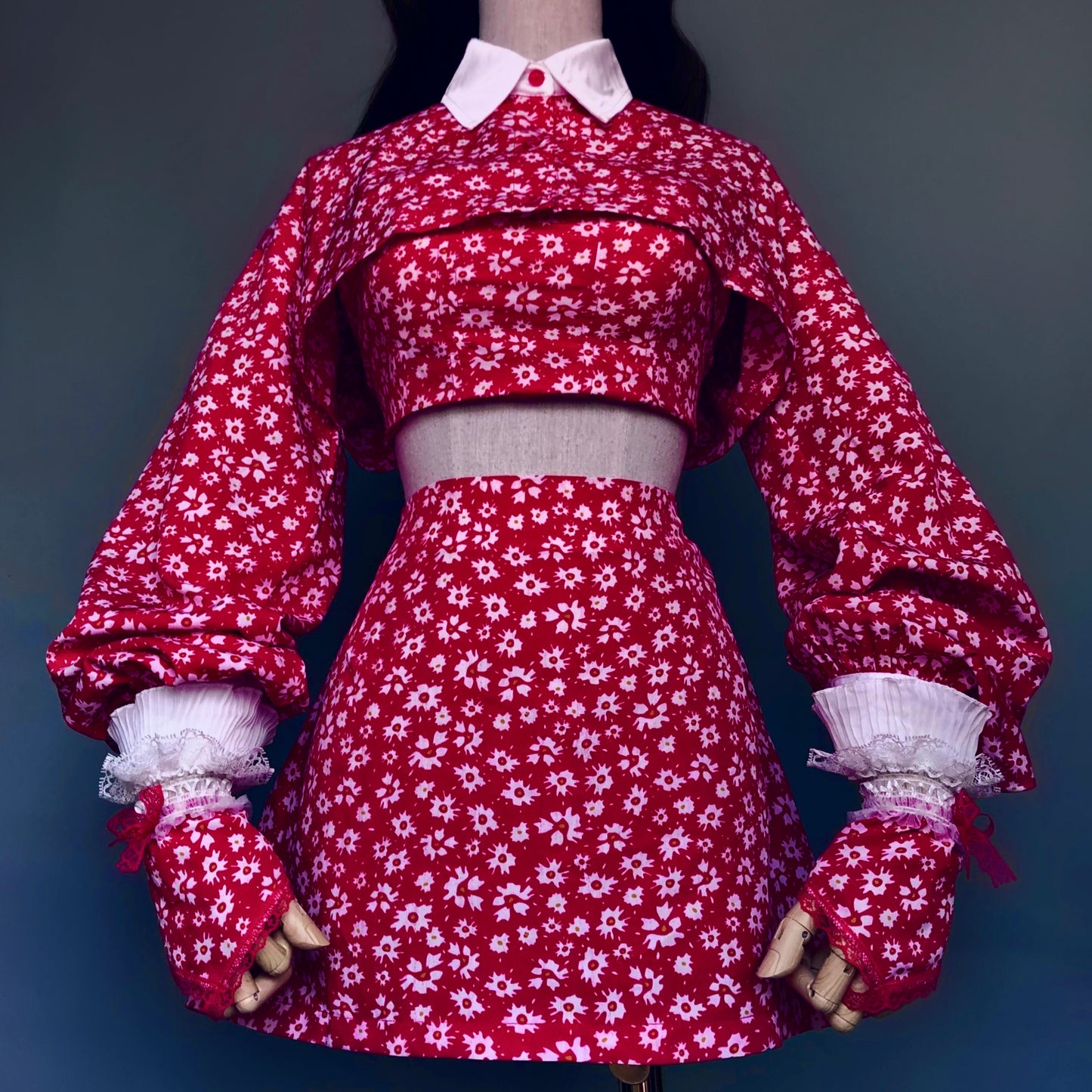 Madame Rouge Red Floral Skirt Top Shirt Set
