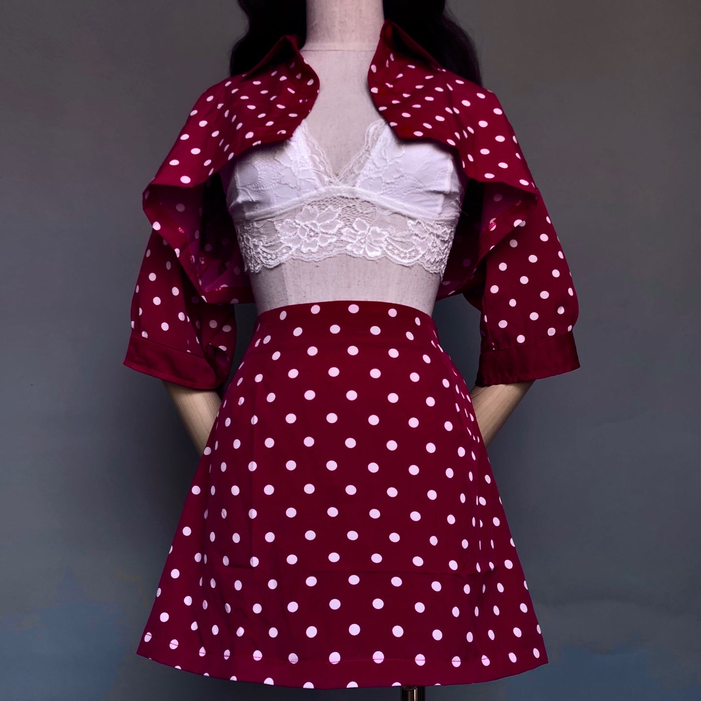 Madame Rouge Red Polka Dots Skirt Cropped Blouse Set