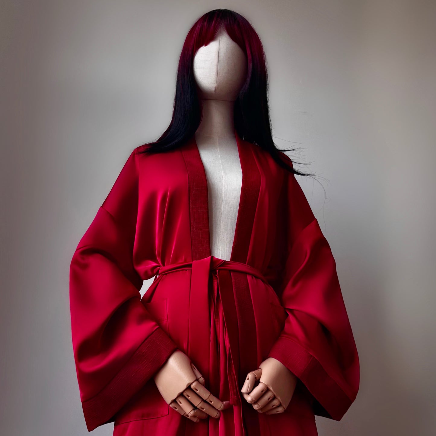 Madame Rouge Red Satin Kimono Pants Set