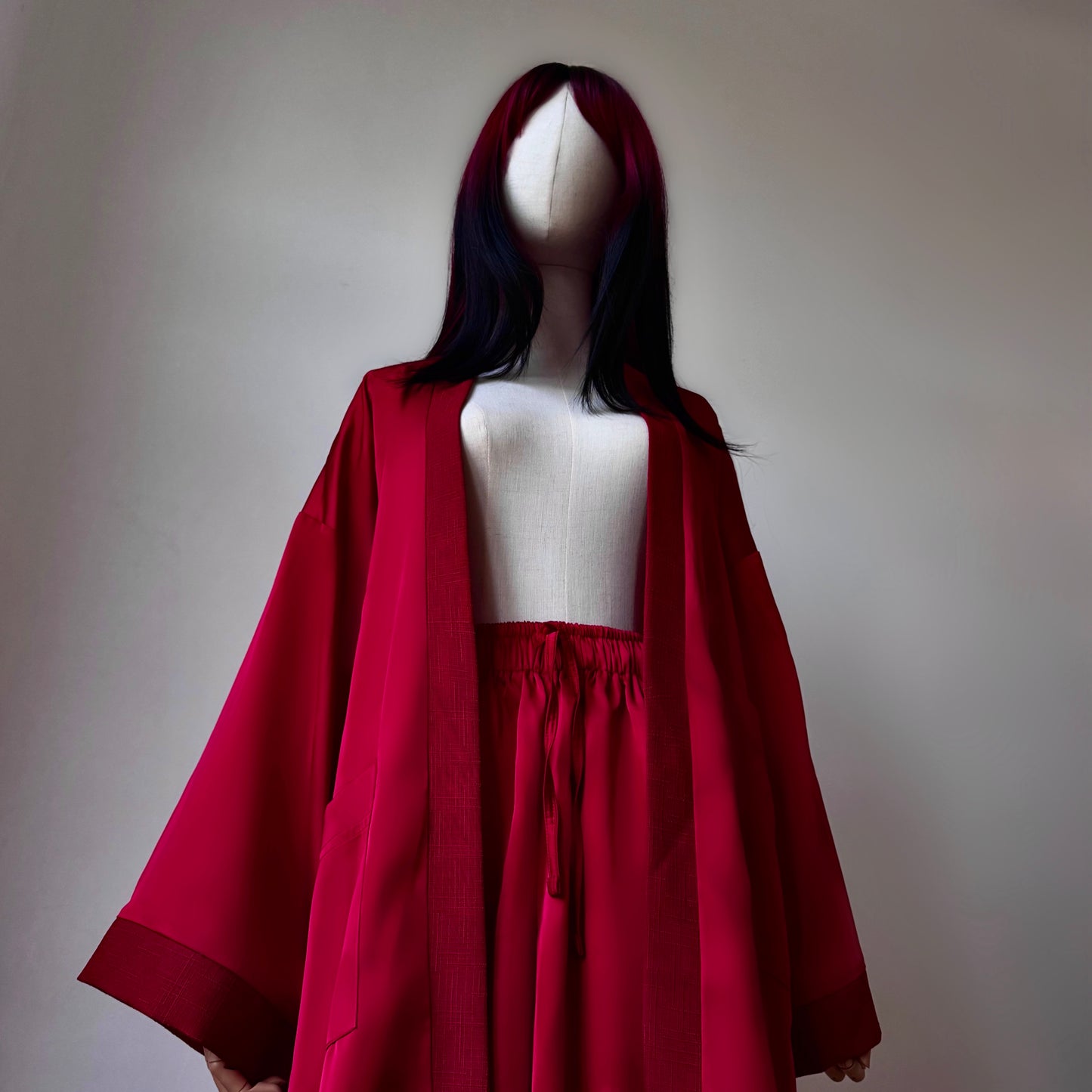 Madame Rouge Red Satin Kimono Pants Set