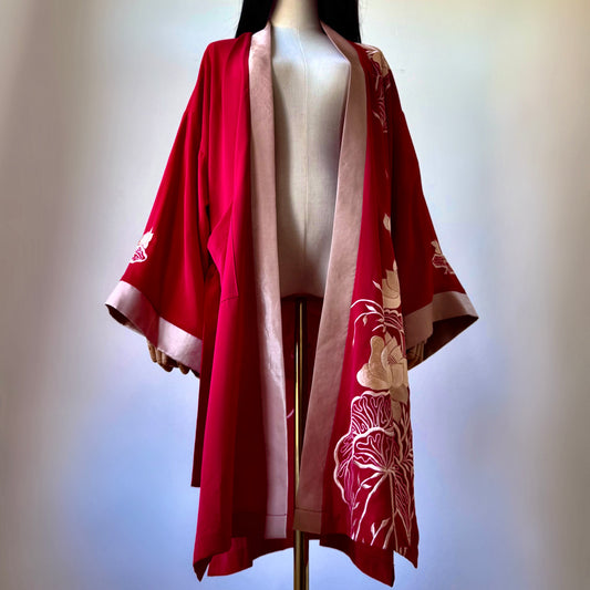 Madame Rouge Red With Floral Print Kimono