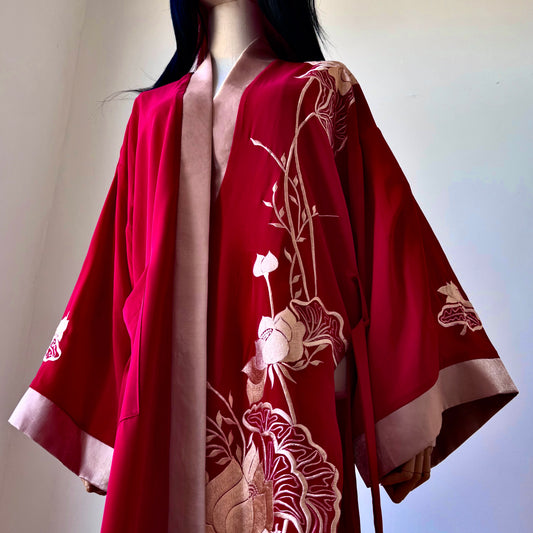 Madame Rouge Red With Floral Print Kimono
