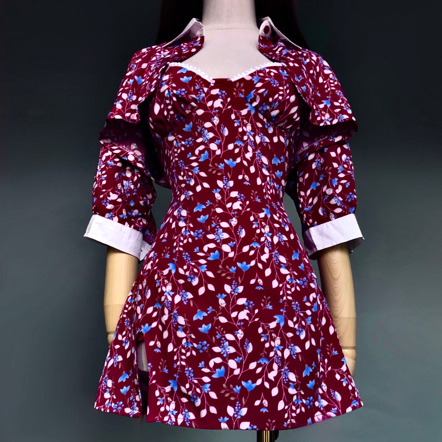 Madame Rouge Wine Red Floral Dress Crop Blouse Set