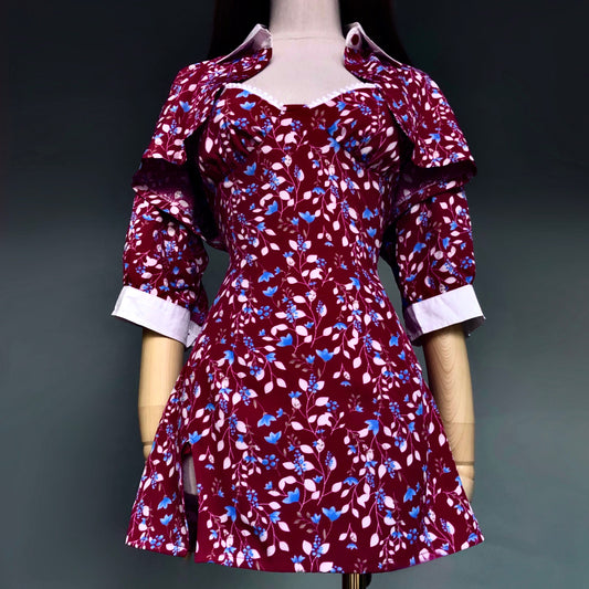 Madame Rouge Wine Red Floral Dress Crop Blouse Set