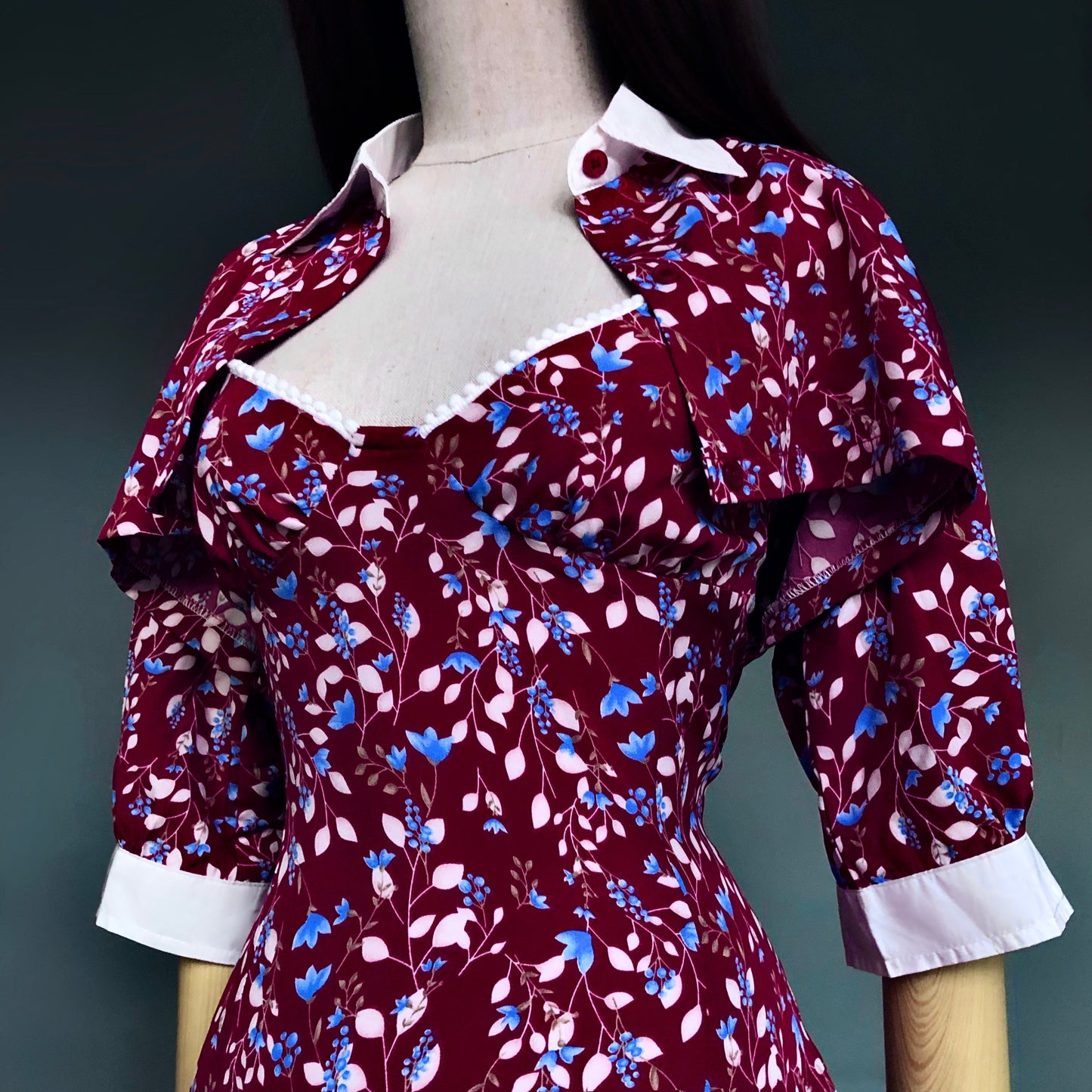 Madame Rouge Wine Red Floral Dress Crop Blouse Set