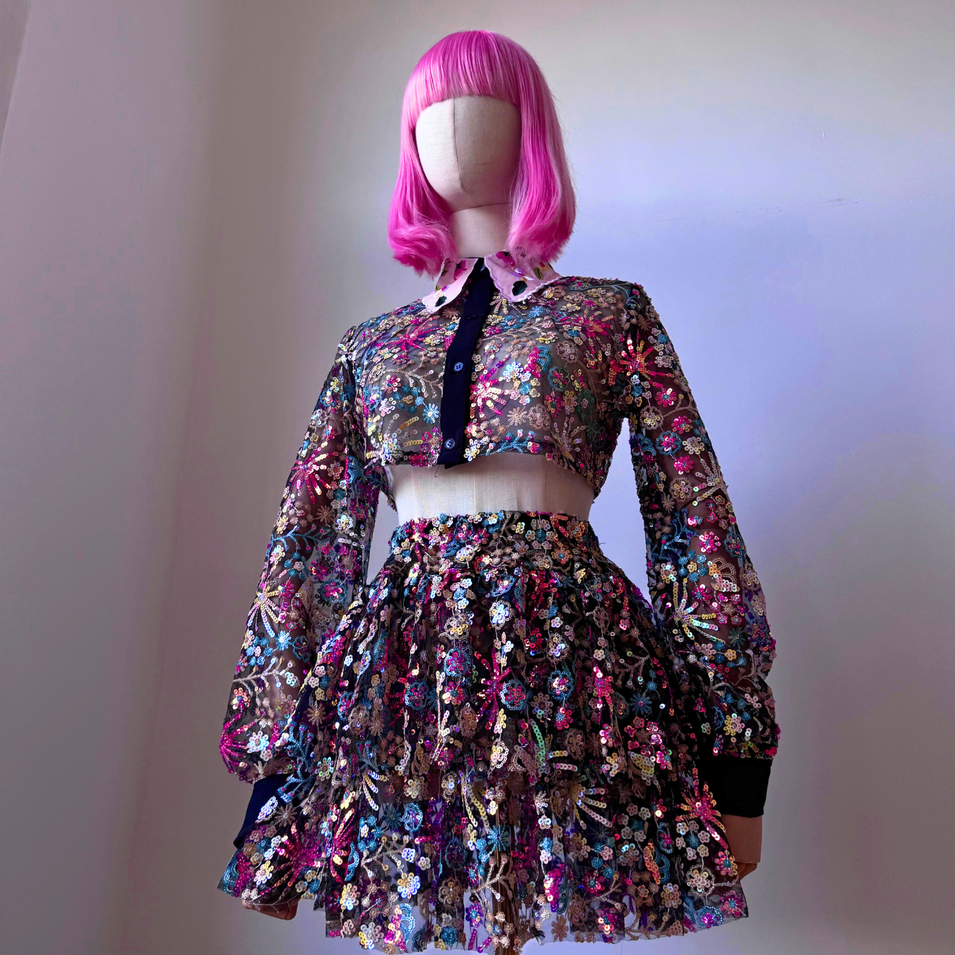 Sequined Black Floral Print transparent Babydoll Skirt Crop Blouse Set