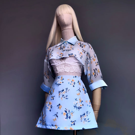 Pastel Blue Floral Girl Skirt Crop Shirt Set