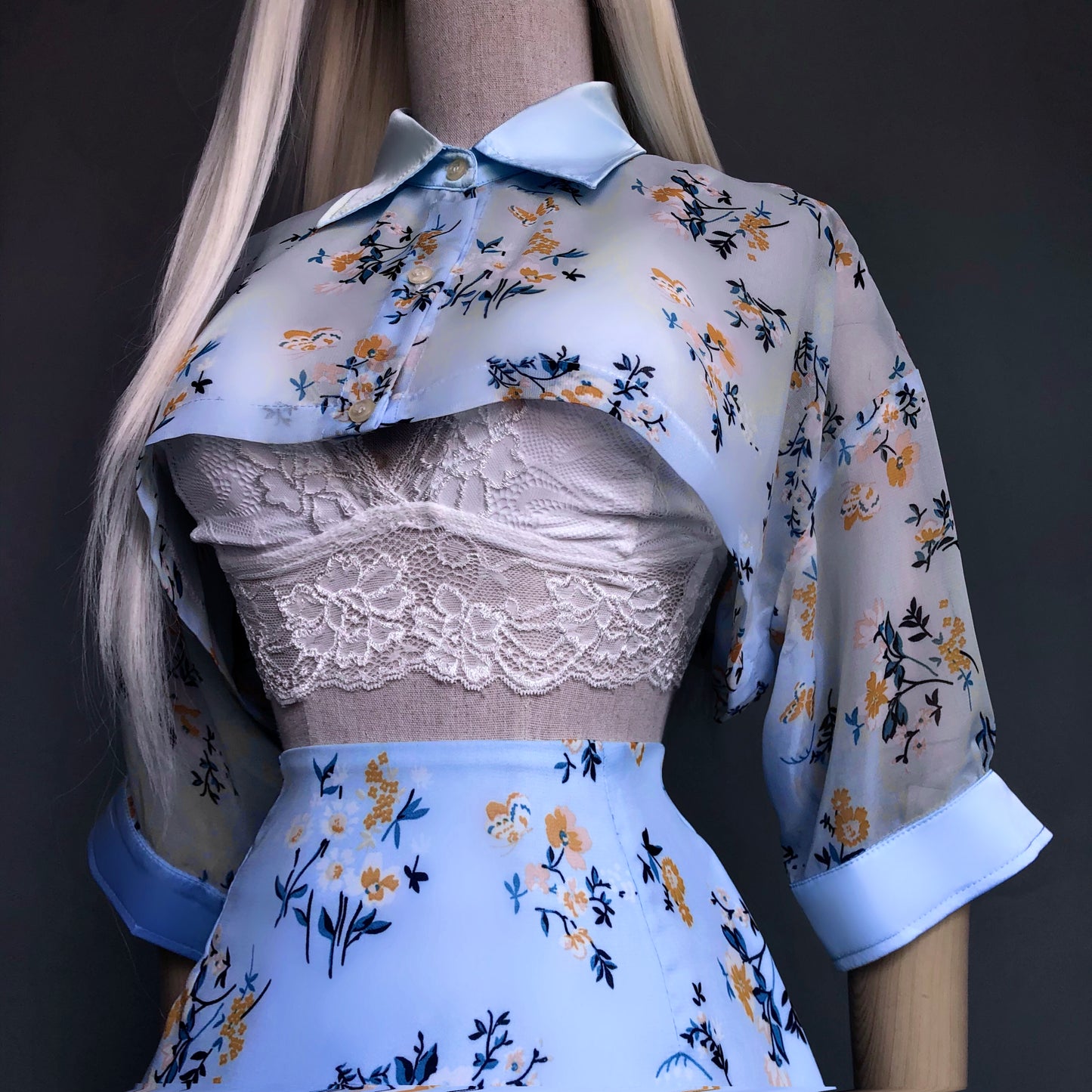 Pastel Blue Floral Girl Skirt Crop Shirt Set