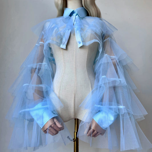 Pastel Blue Origami Princess Ruffled Shirt Blouse