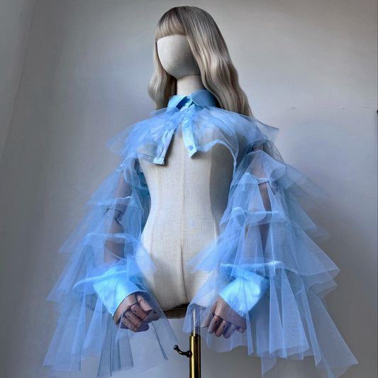 Pastel Blue Origami Princess Ruffled Shirt Blouse
