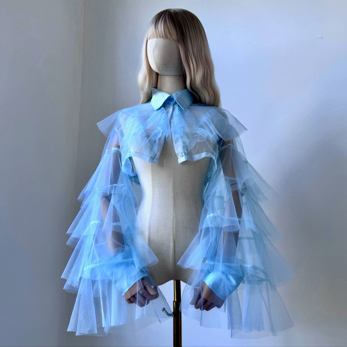 Pastel Blue Origami Princess Ruffled Shirt Blouse
