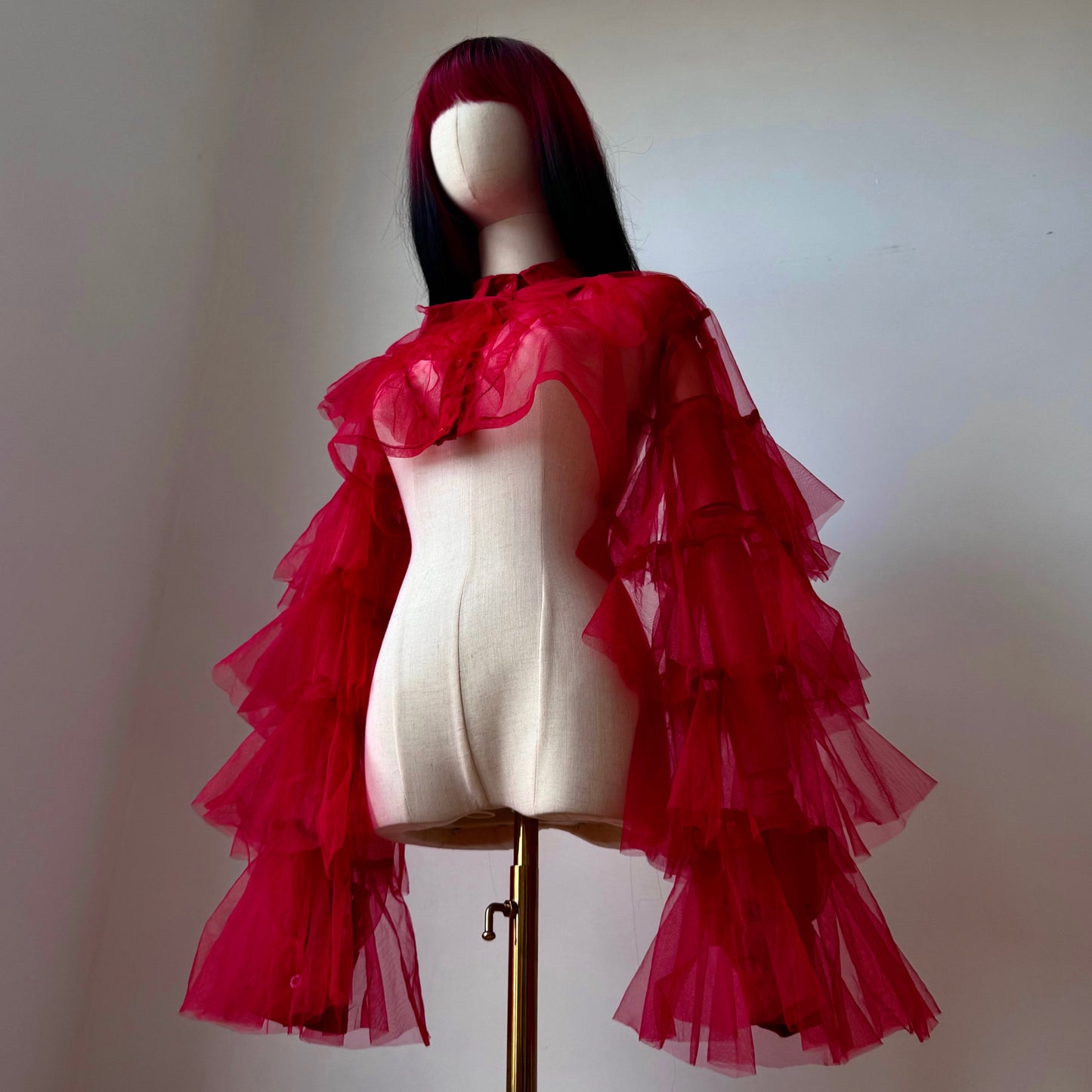 Red Origami Princess Ruffled Cropped Shirt Blouse