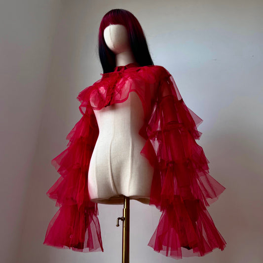 Red Origami Princess Ruffled Cropped Shirt Blouse