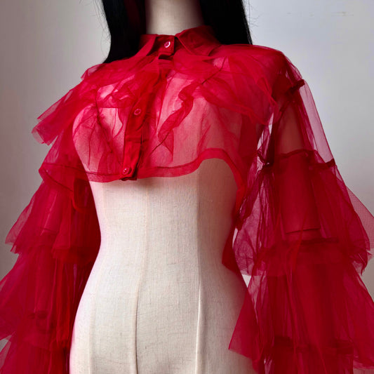 Red Origami Princess Ruffled Cropped Shirt Blouse