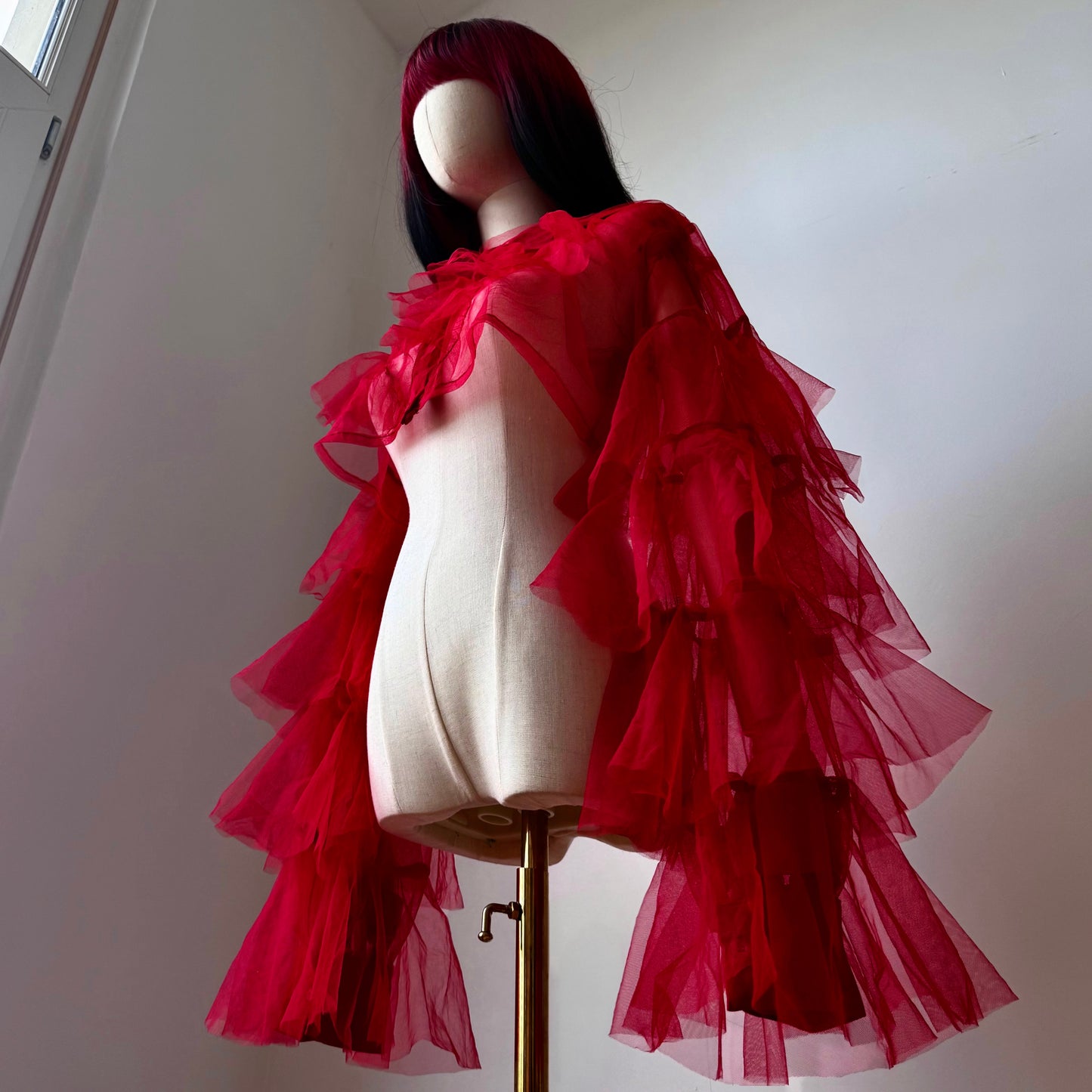 Red Origami Princess Ruffled Cropped Shirt Blouse