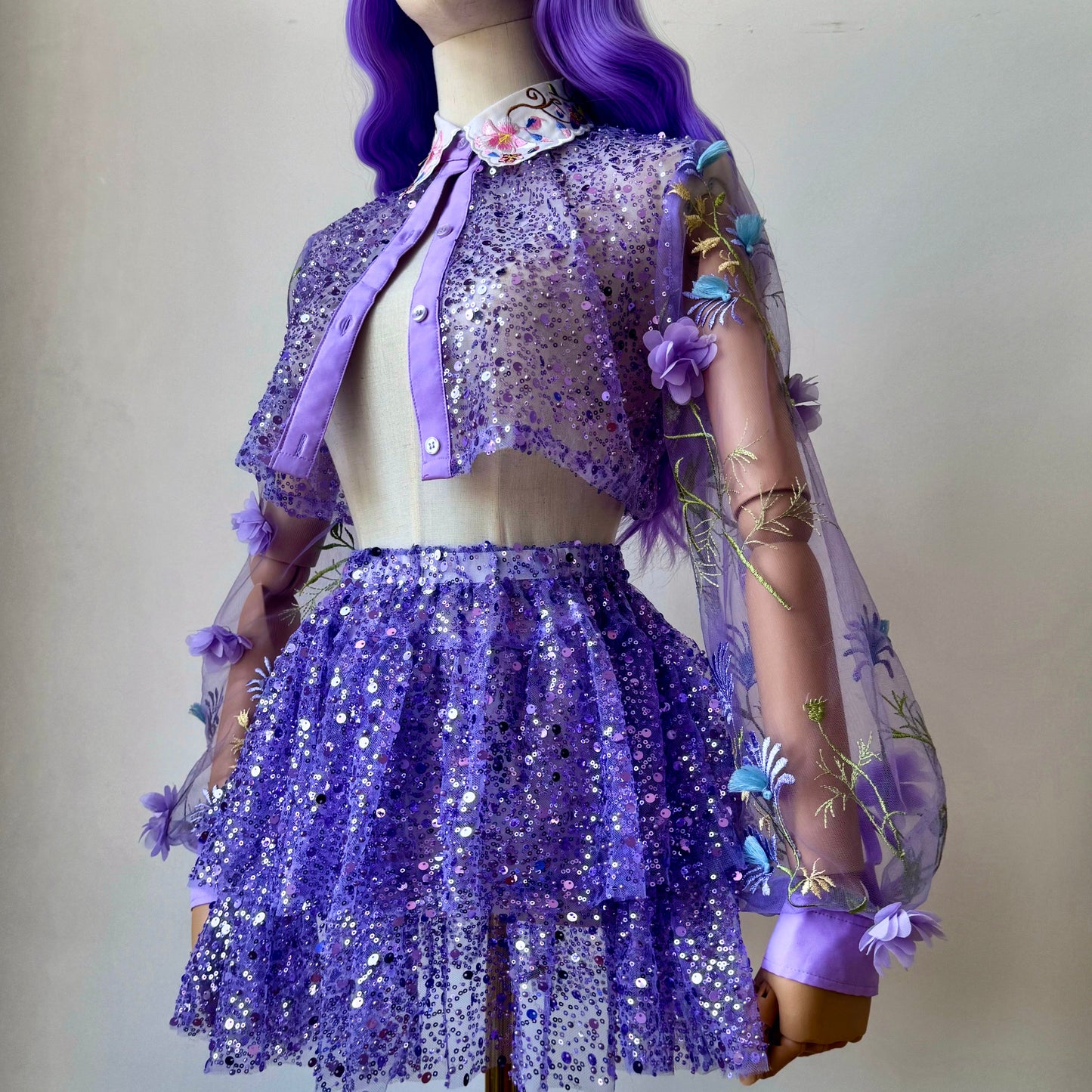 Space Bae Sequined Lavender transparent Babydoll Skirt Crop Blouse Set